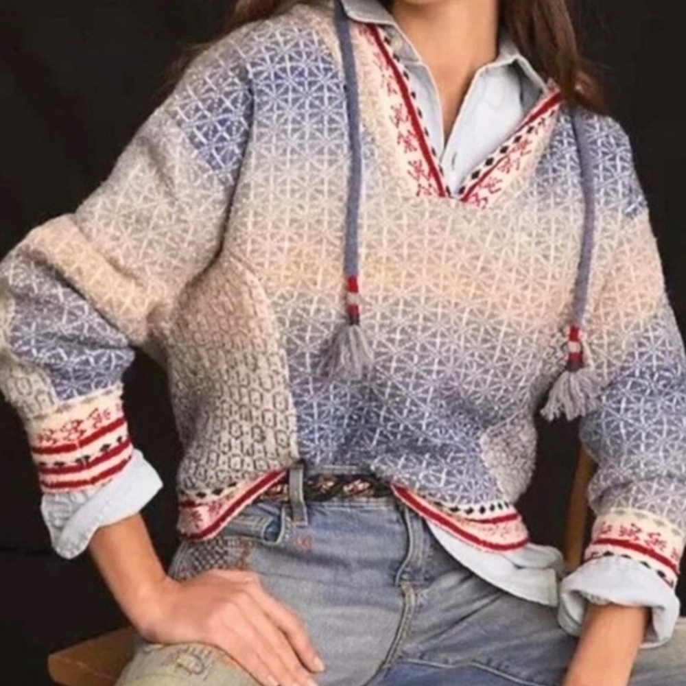 Pilcro Boho Knit Hoodie Sweater With Tassels, Size S